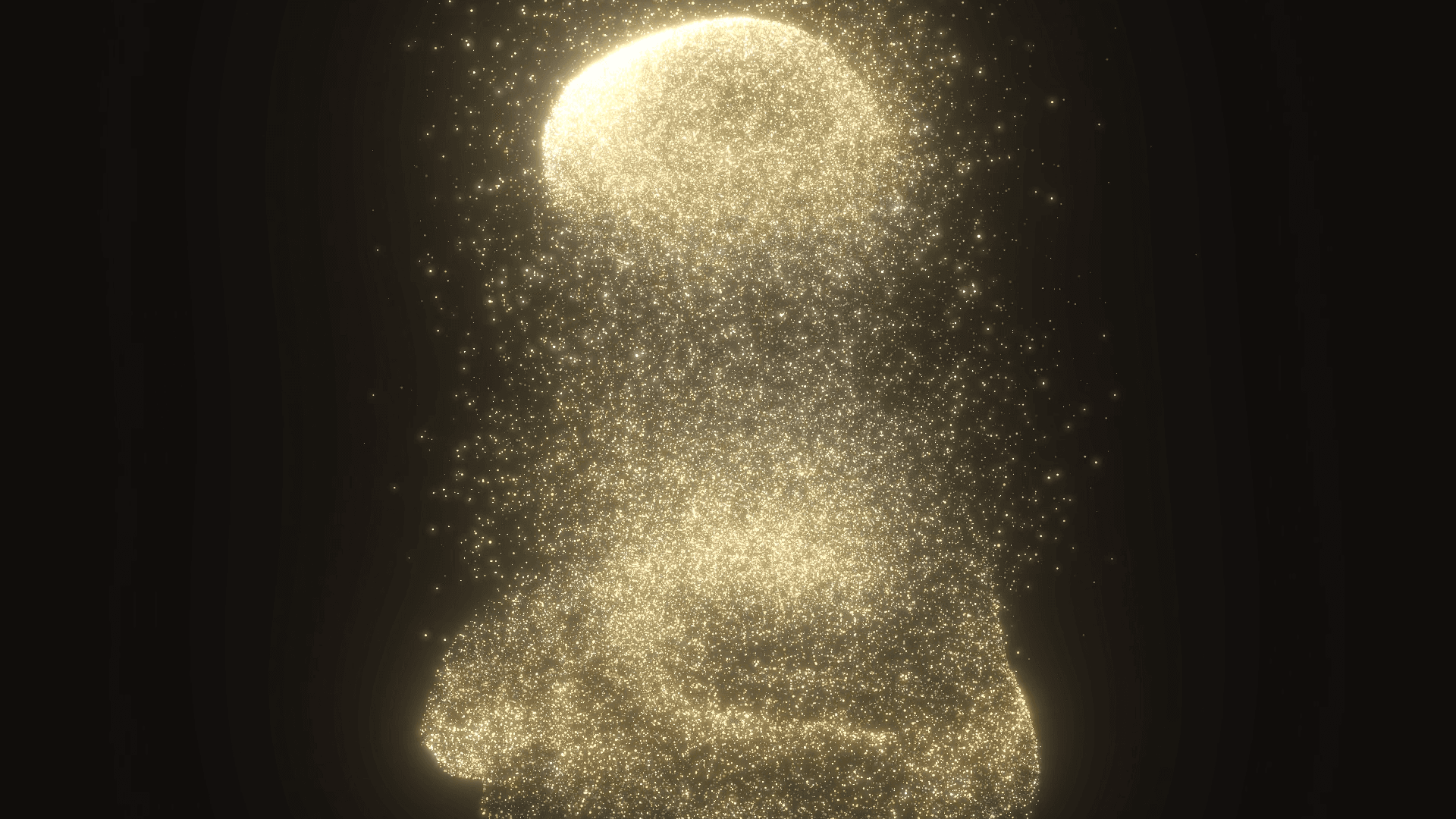 Van Gogh’s Skull of a Skeleton with a Burning Cigarette rebuilt from glowing gold particles: the skull turned three-quarters, cigarette between its teeth, shoulders dissolving into sparks against near-black.
